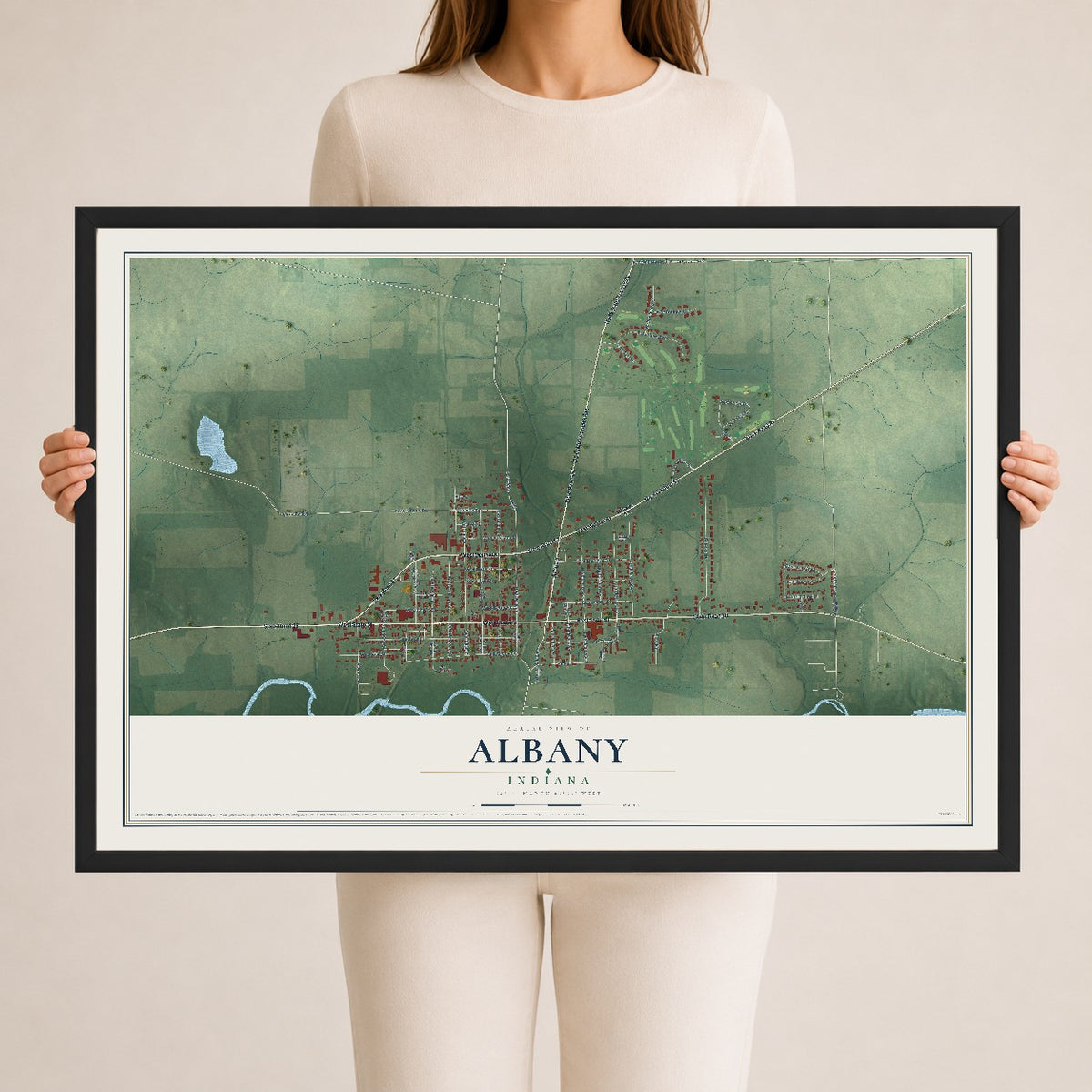 Map of Albany, Indiana, 24 x 36 inch print in a black wood frame