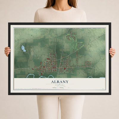 Map of Albany, Indiana, 24 x 36 inch print in a black wood frame