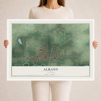Map of Albany, Indiana, 24 x 36 inch print in a white wood frame