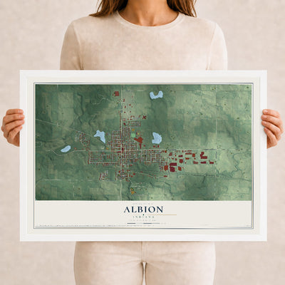 Map of Albion, Indiana, 12 x 18 inch print in a white wood frame
