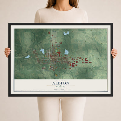 Map of Albion, Indiana, 24 x 36 inch print in a black wood frame