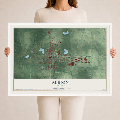 Map of Albion, Indiana, 24 x 36 inch print in a white wood frame