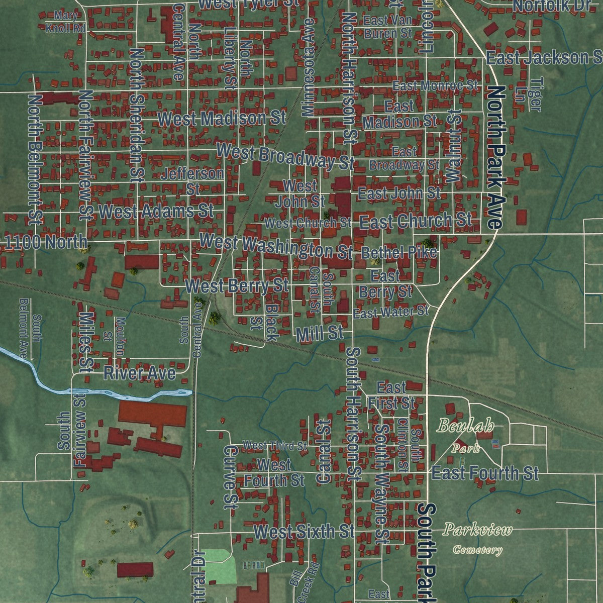 Close-up of the map of Alexandria, Indiana print showing street and building detail