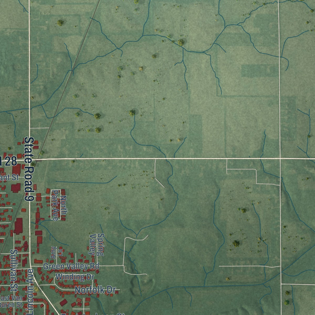 Second close-up of the map of Alexandria, Indiana print showing more streets and buildings