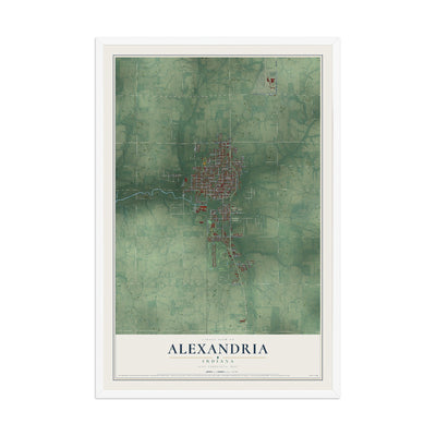 Map of Alexandria, Indiana, 12 x 18 inch print in a white wood frame