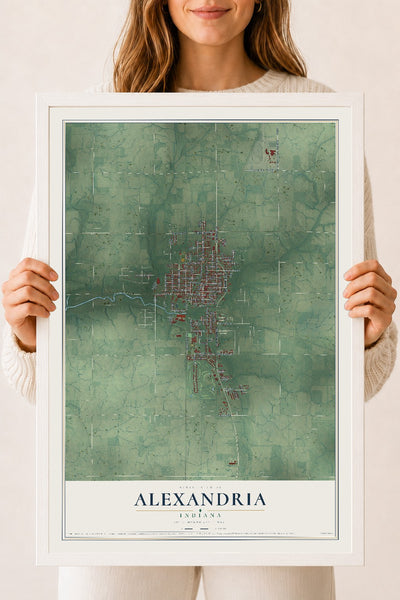 Map of Alexandria, Indiana, 18 x 24 inch print in a white wood frame