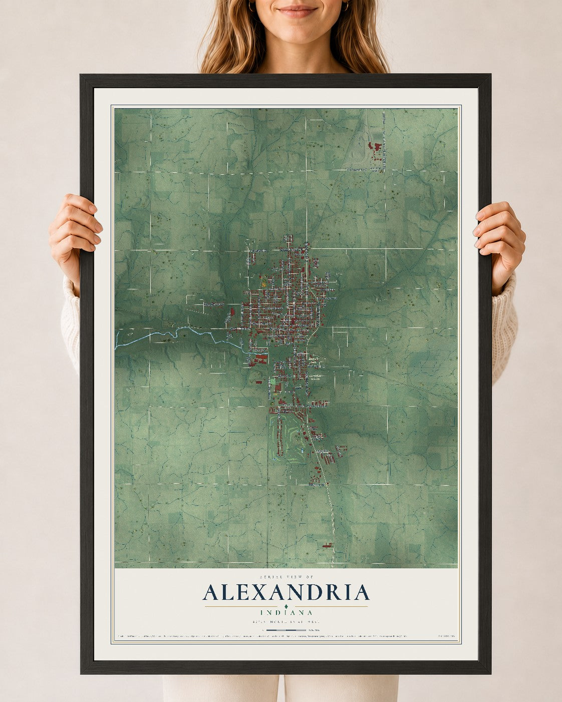 Map of Alexandria, Indiana, 24 x 36 inch print in a black wood frame