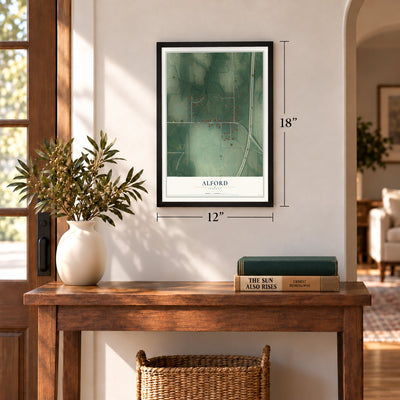 Alford, Indiana map, 12 x 18 inch print in a black frame in an entryway