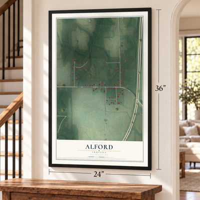 Alford, Indiana map, 24 x 36 inch print in a black frame by a staircase