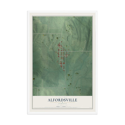Map of Alfordsville, Indiana, 12 x 18 inch print in a white wood frame