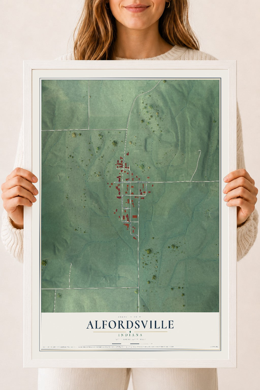 Map of Alfordsville, Indiana, 18 x 24 inch print in a white wood frame