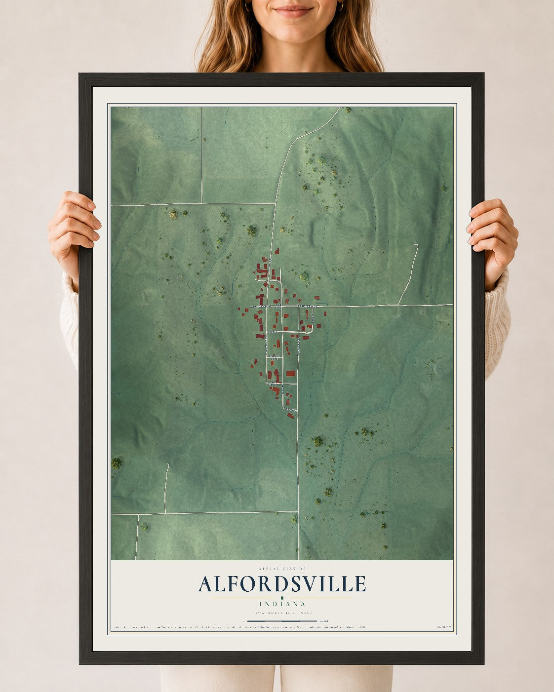 Map of Alfordsville, Indiana, 24 x 36 inch print in a black wood frame