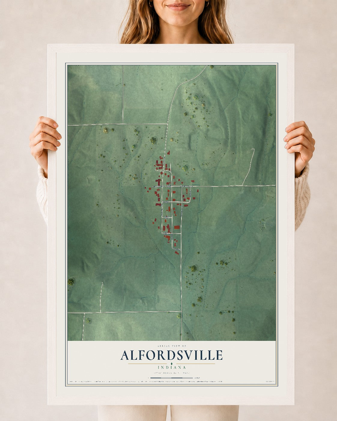 Map of Alfordsville, Indiana, 24 x 36 inch print in a white wood frame