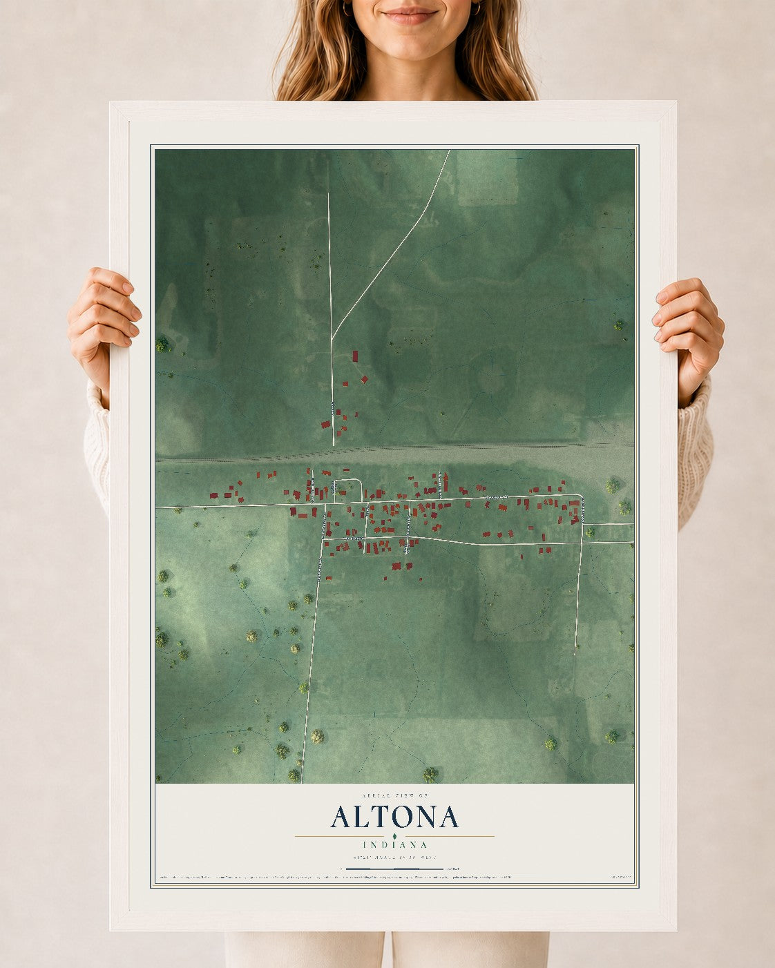 Map of Altona, Indiana, 24 x 36 inch print in a white wood frame