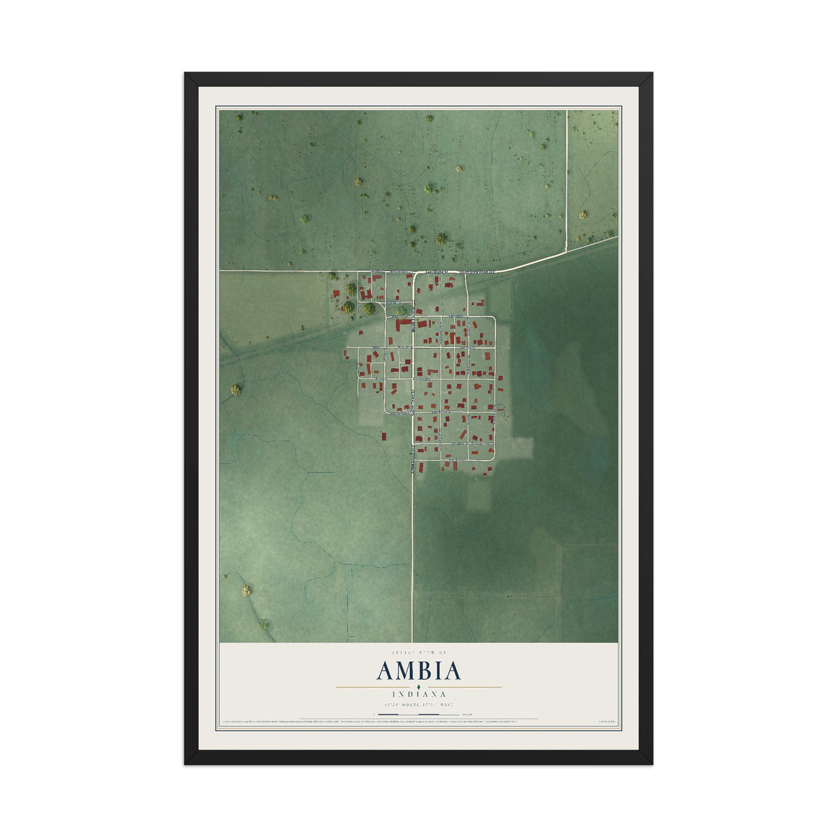 Map of Ambia, Indiana, 12 x 18 inch print in a black wood frame