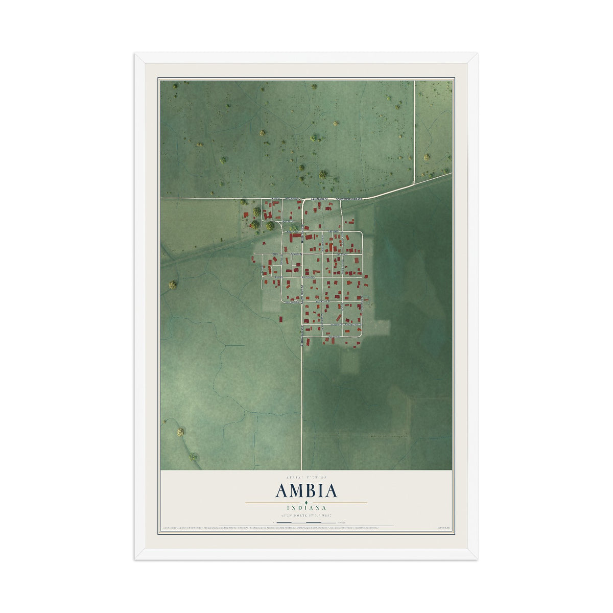 Map of Ambia, Indiana, 12 x 18 inch print in a white wood frame