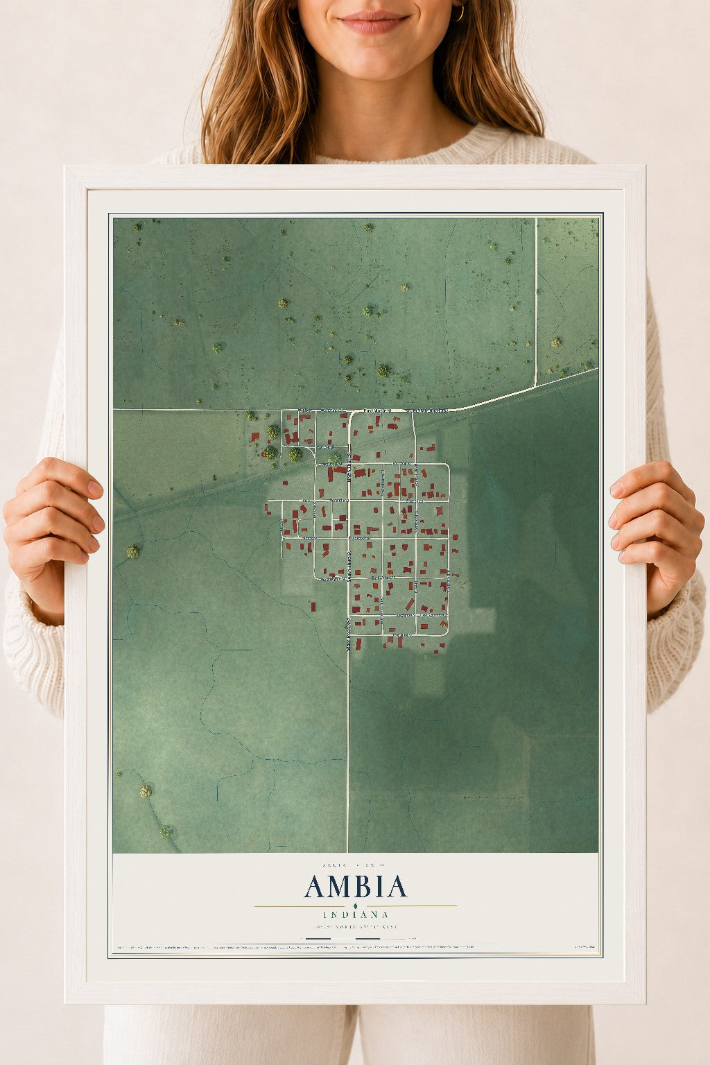 Map of Ambia, Indiana, 18 x 24 inch print in a white wood frame