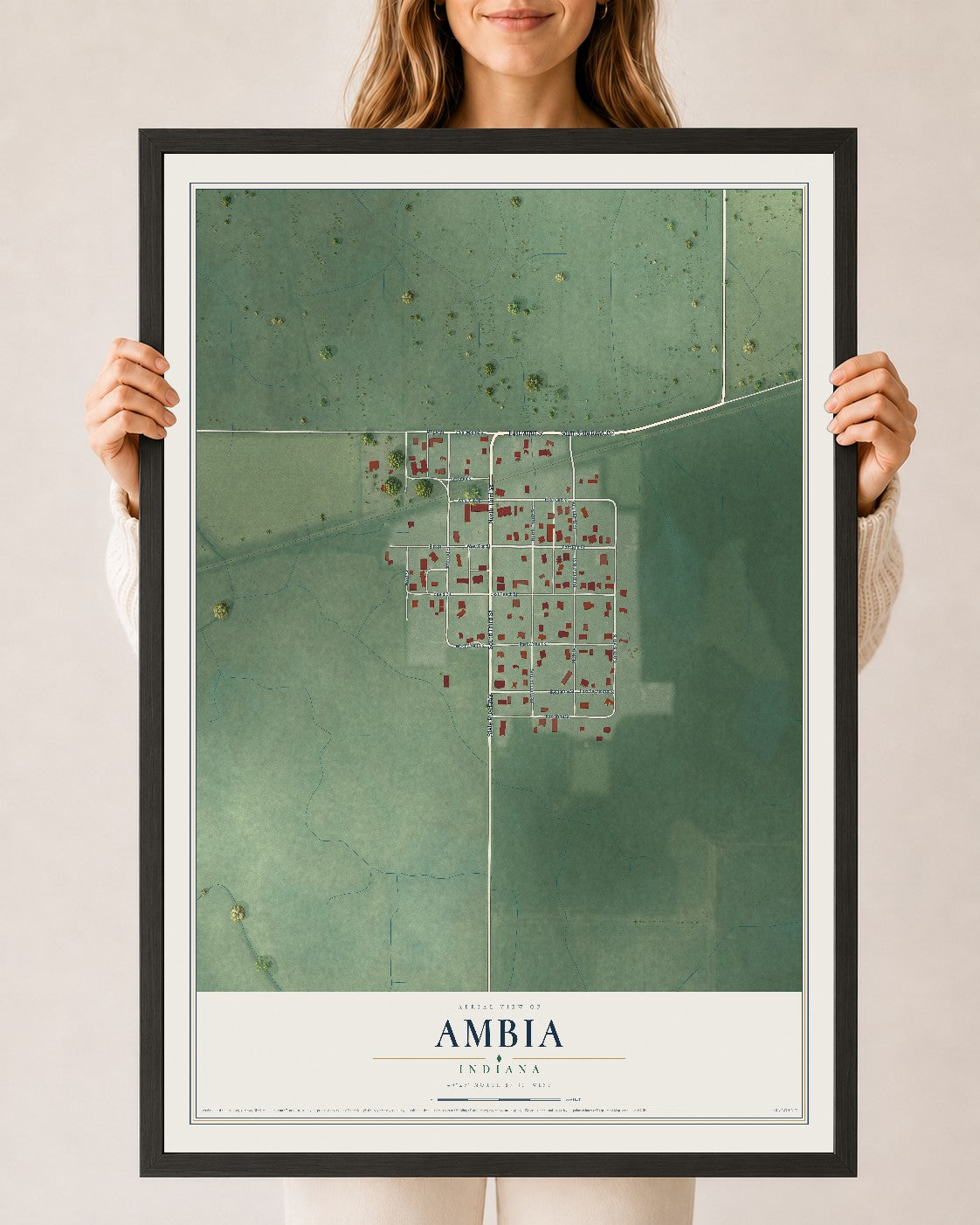 Map of Ambia, Indiana, 24 x 36 inch print in a black wood frame