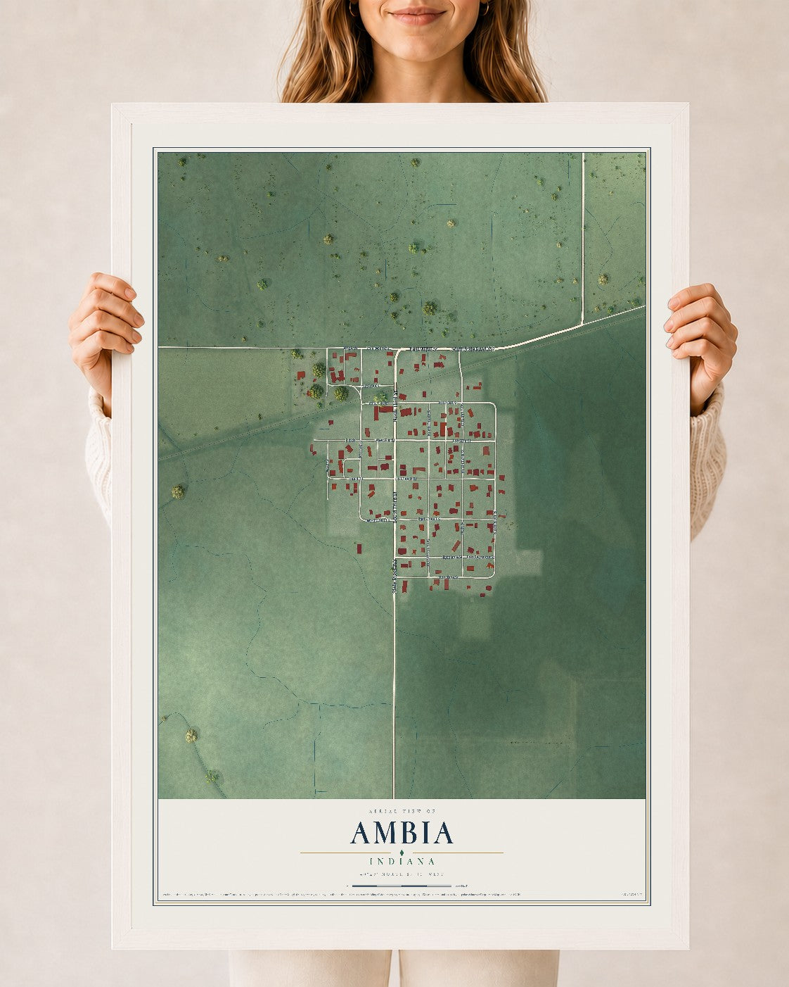 Map of Ambia, Indiana, 24 x 36 inch print in a white wood frame