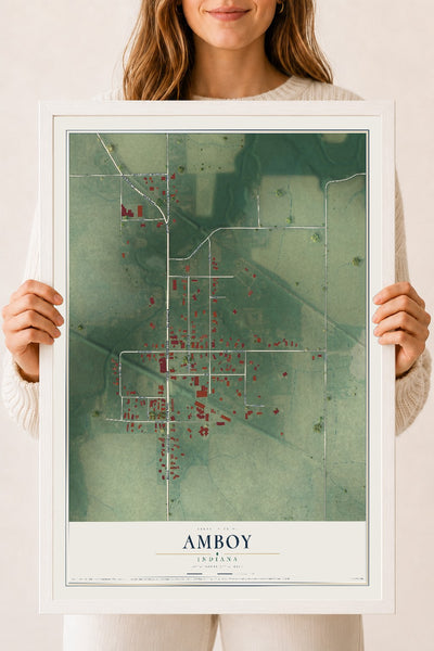 Map of Amboy, Indiana, 18 x 24 inch print in a white wood frame
