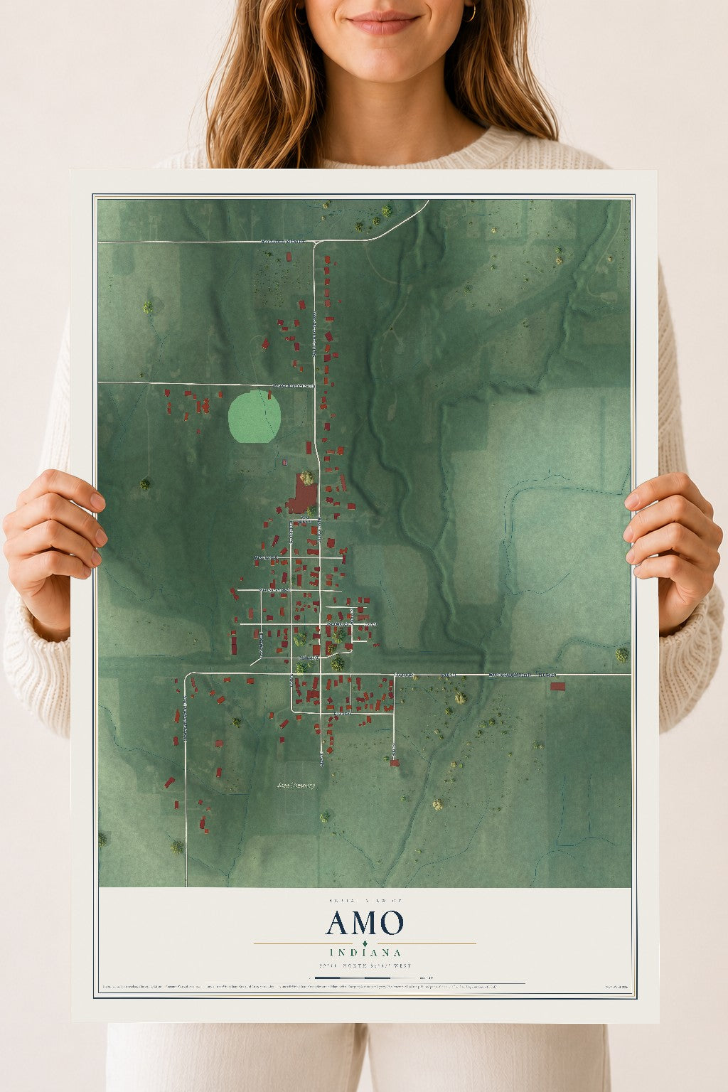 Map of Amo, Indiana, 18 x 24 inch unframed archival matte print