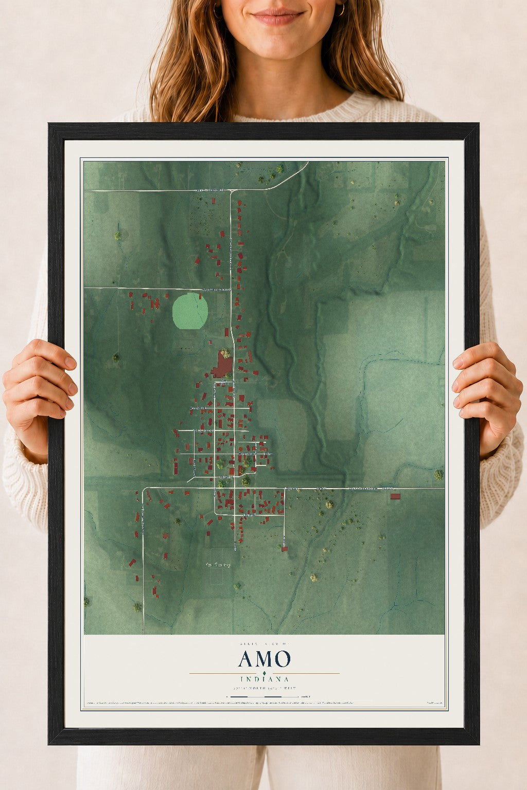 Map of Amo, Indiana, 18 x 24 inch print in a black wood frame