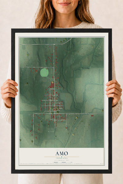Map of Amo, Indiana, 18 x 24 inch print in a black wood frame