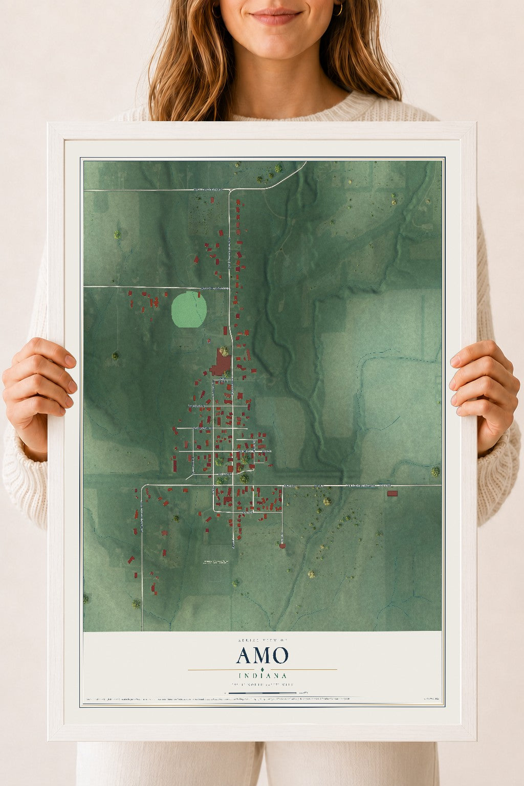Map of Amo, Indiana, 18 x 24 inch print in a white wood frame