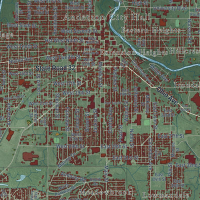 Close-up of the map of Anderson, Indiana print showing street and building detail