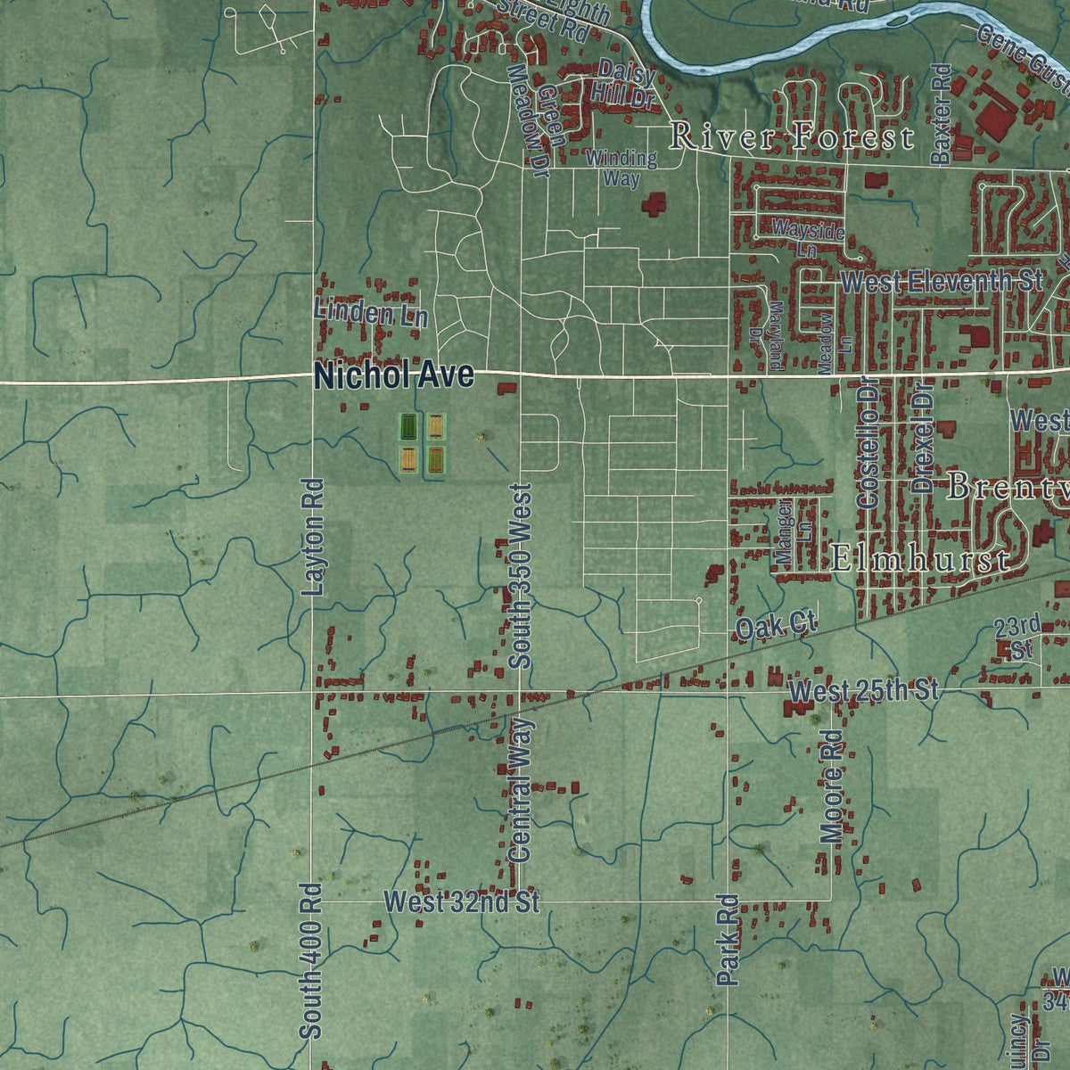 Second close-up of the map of Anderson, Indiana print showing more streets and buildings