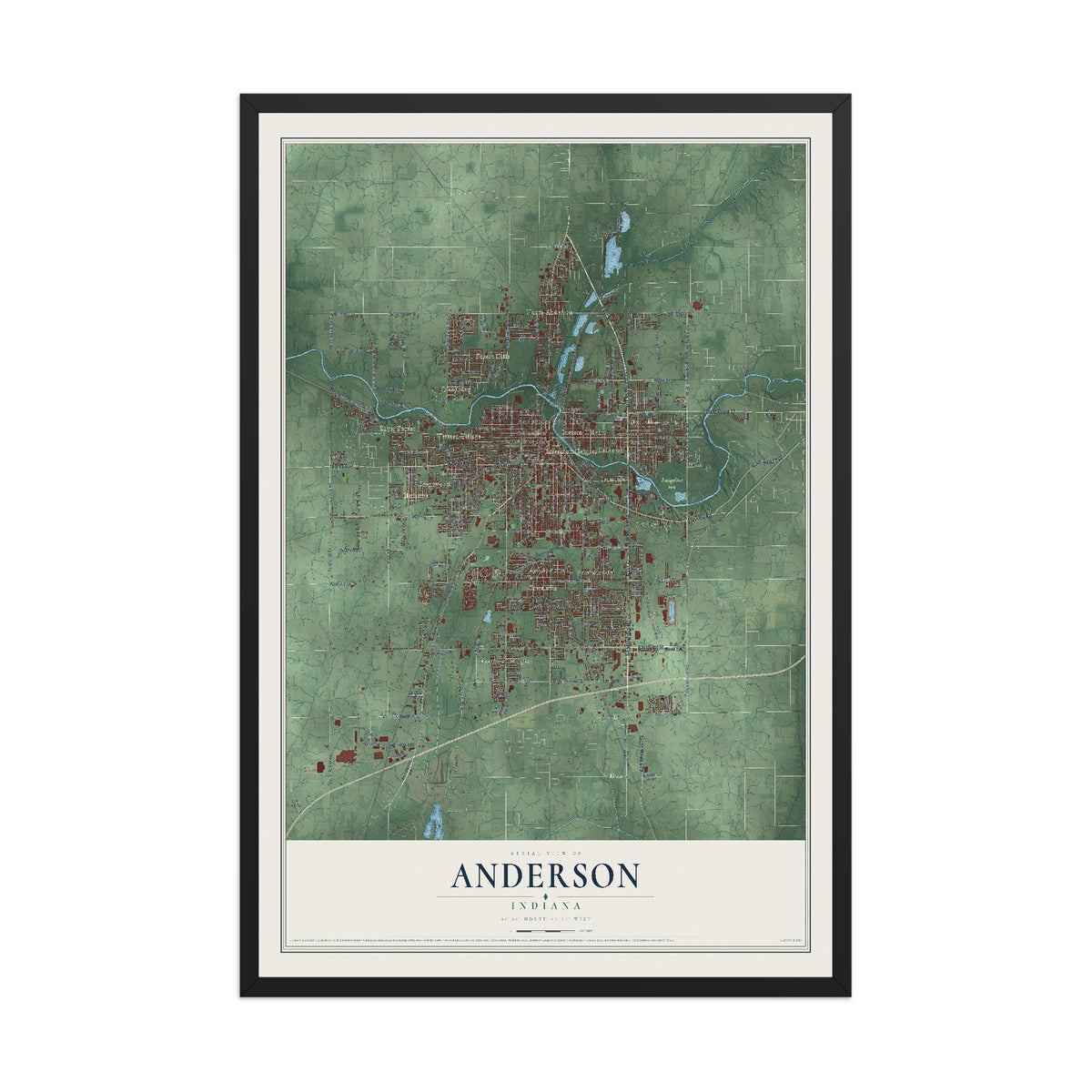 Map of Anderson, Indiana, 12 x 18 inch print in a black wood frame