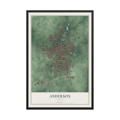 Map of Anderson, Indiana, 12 x 18 inch print in a black wood frame