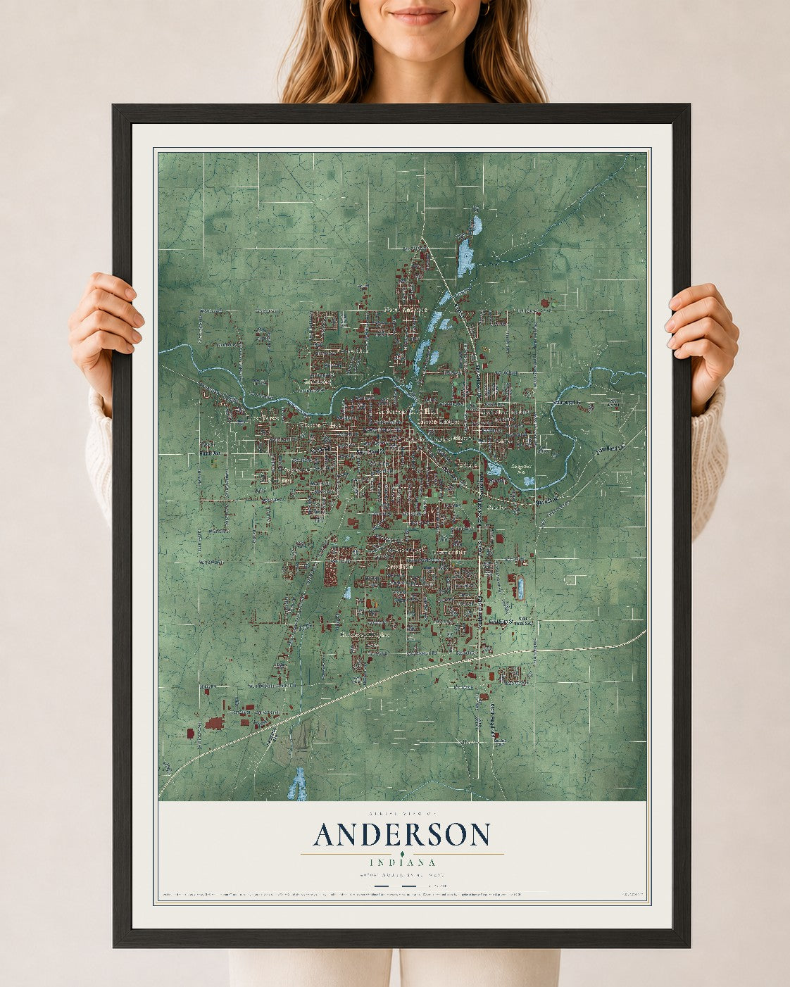Map of Anderson, Indiana, 24 x 36 inch print in a black wood frame