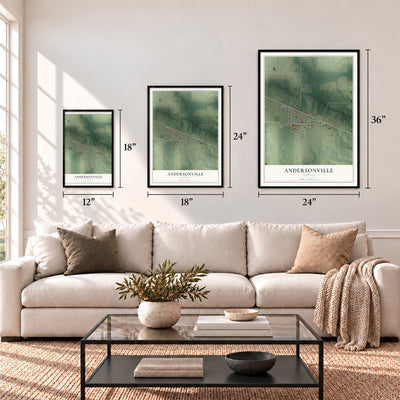 Andersonville, Indiana map in 12 x 18, 18 x 24 and 24 x 36 inch sizes above a sofa