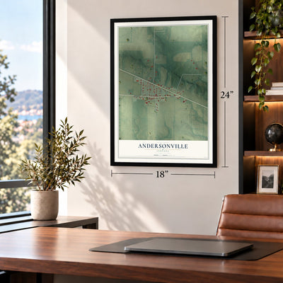 Andersonville, Indiana map, 18 x 24 inch print in a black frame in a home office