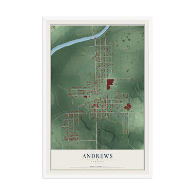 Map of Andrews, Indiana, 12 x 18 inch print in a white wood frame