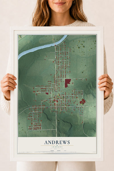 Map of Andrews, Indiana, 18 x 24 inch print in a white wood frame