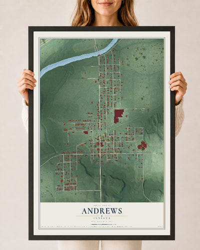 Map of Andrews, Indiana, 24 x 36 inch print in a black wood frame