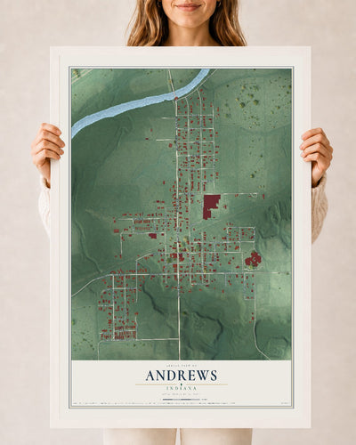 Map of Andrews, Indiana, 24 x 36 inch print in a white wood frame