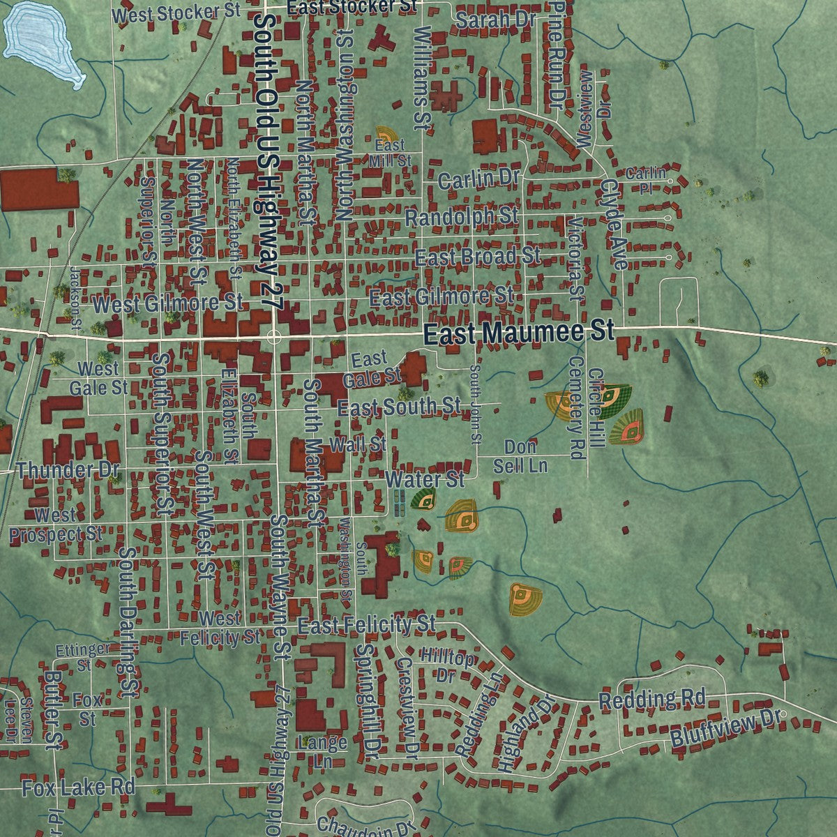Close-up of the map of Angola, Indiana print showing street and building detail