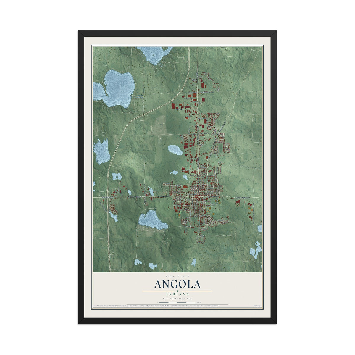 Map of Angola, Indiana, 12 x 18 inch print in a black wood frame