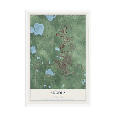 Map of Angola, Indiana, 12 x 18 inch print in a white wood frame