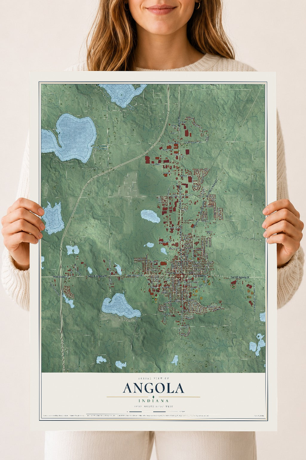Map of Angola, Indiana, 18 x 24 inch unframed archival matte print