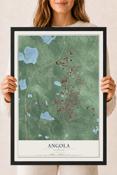 Map of Angola, Indiana, 18 x 24 inch print in a black wood frame