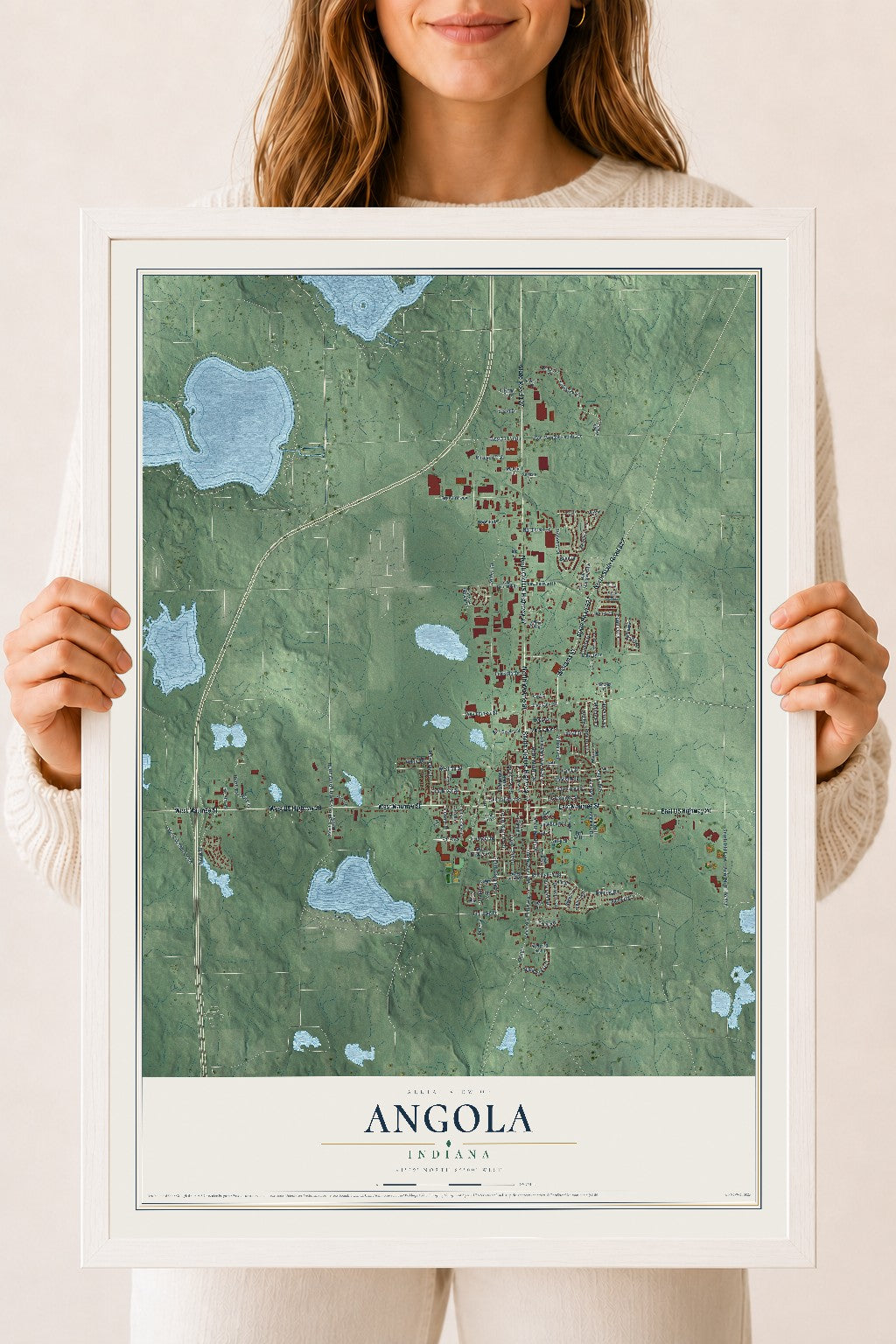 Map of Angola, Indiana, 18 x 24 inch print in a white wood frame