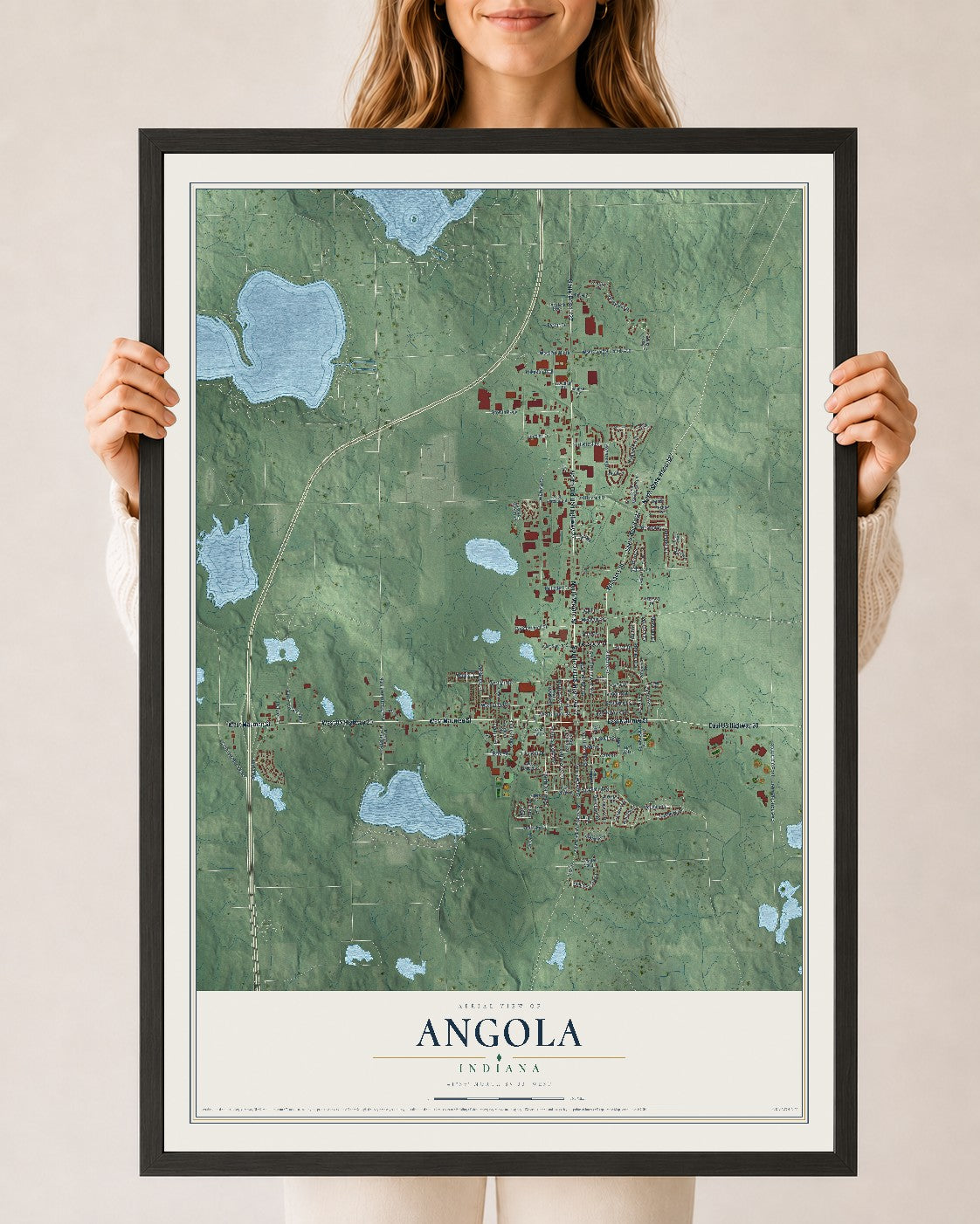 Map of Angola, Indiana, 24 x 36 inch print in a black wood frame