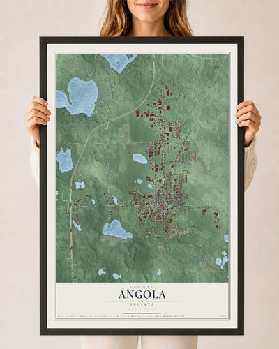 Map of Angola, Indiana, 24 x 36 inch print in a black wood frame