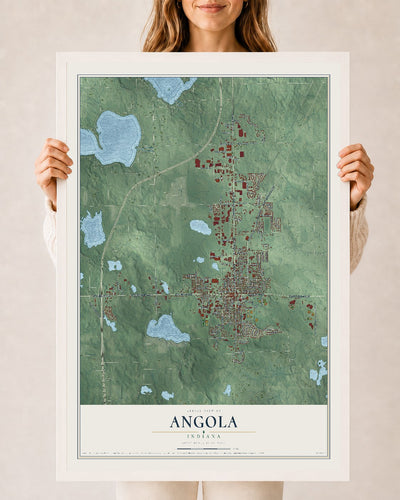 Map of Angola, Indiana, 24 x 36 inch print in a white wood frame
