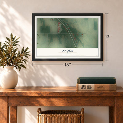 Anoka, Indiana map, 12 x 18 inch print in a black frame in an entryway