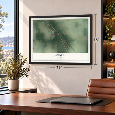 Anoka, Indiana map, 18 x 24 inch print in a black frame in a home office